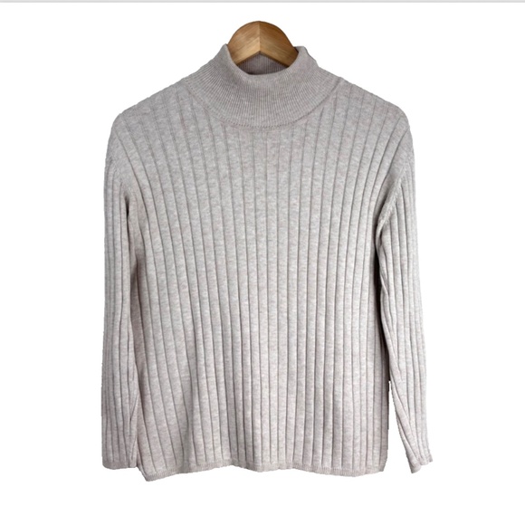 VTG Eddie Bauer Turtleneck Sweater L Beige Oatmeal Ribbed Cotton 3/4 Sleeve Tan - Picture 1 of 9